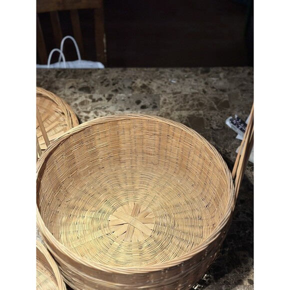Vintage Chinese 4-Tier Wedding Basket With Lid Woven Bamboo